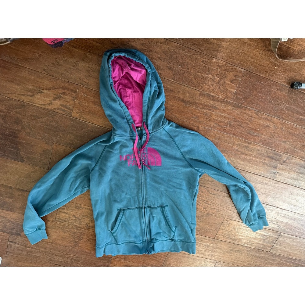 The North Face Womens Teal Blue Pink Full Zip Hoodie Sweatshirt Logo XL